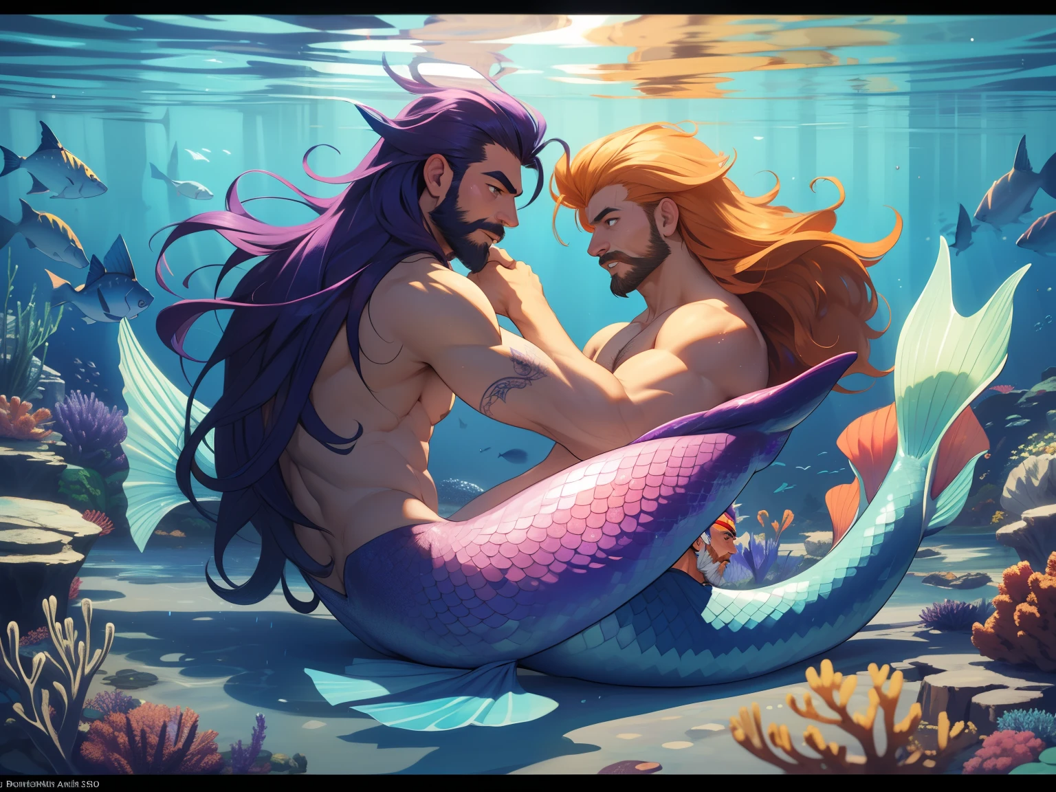 2 man,twink and hunk man,two handsome men,long purple hair and hair orange mohawk, 25 and 40 years old,shirtless, hairy, ((full mustache orange, beard stubble purple,)),(mermaid,colorful mermaid tail,rainbow scales,),detailed, masculine,on the seabed, beautiful corals, (best quality, detailed facial features,4k, 8k, high resolution, masterpiece: 1.4), rays of light, water reflection, (hairyalpha:1)