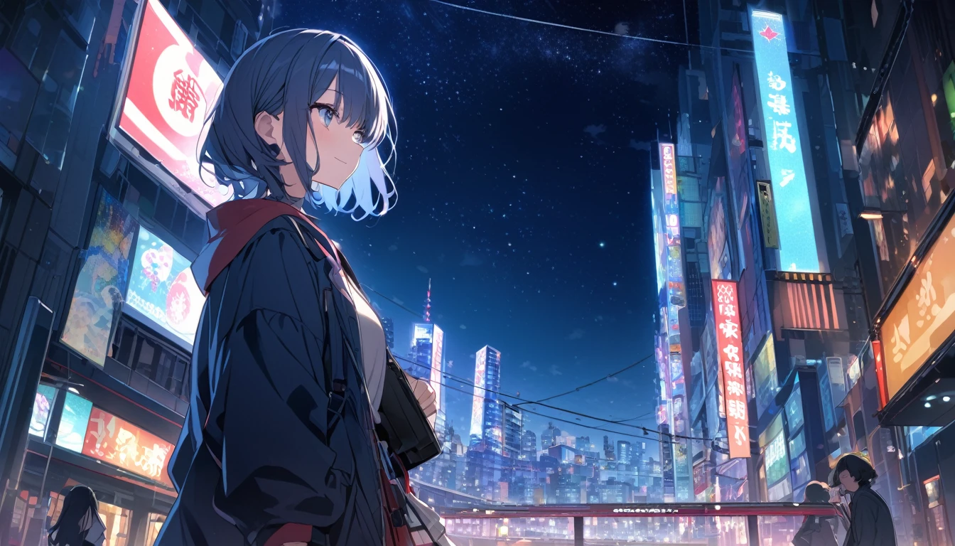 A woman looking at the city of Tokyo,Night starry sky,Streetscape、listen to music、Japanese