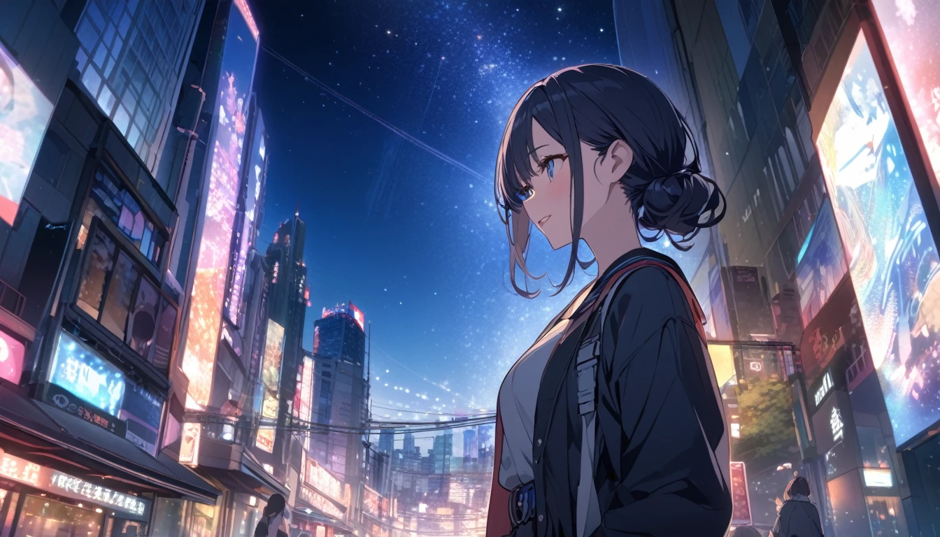 A woman looking at the city of Tokyo,Night starry sky,Streetscape、listen to music、Japanese