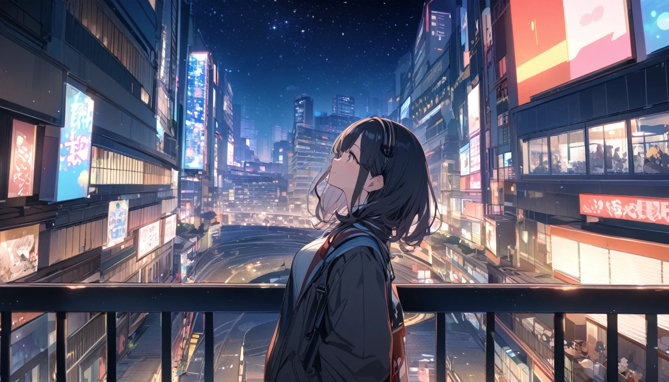 A woman looking at the city of Tokyo,Night starry sky,Streetscape、listen to music、Japanese