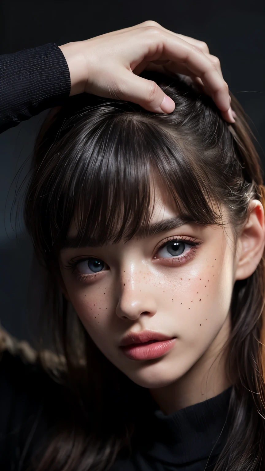 masterpiece, light makeup, messy long hair, super fine details,