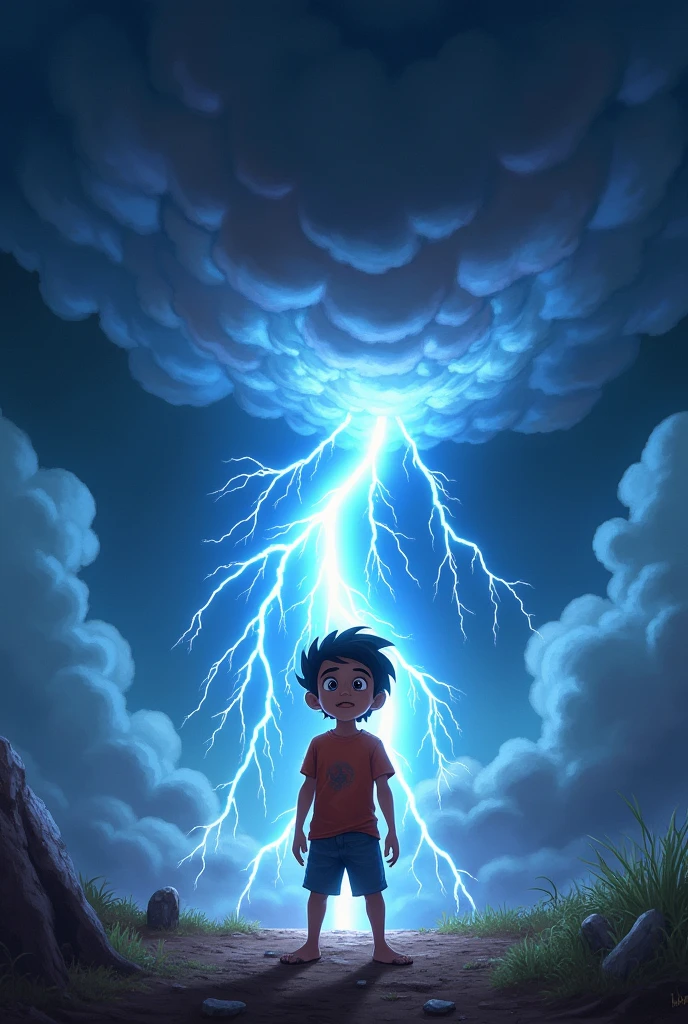 A scene of a boy named Miguel being struck by a bright bolt of lightning during a thunderstorm. The lightning illuminates the scene with an explosion of light around Miguel.. Miguel must look surprised and confused, with visible energy around you, indicating that he is receiving special powers, the illustration must be does not need to be realistic