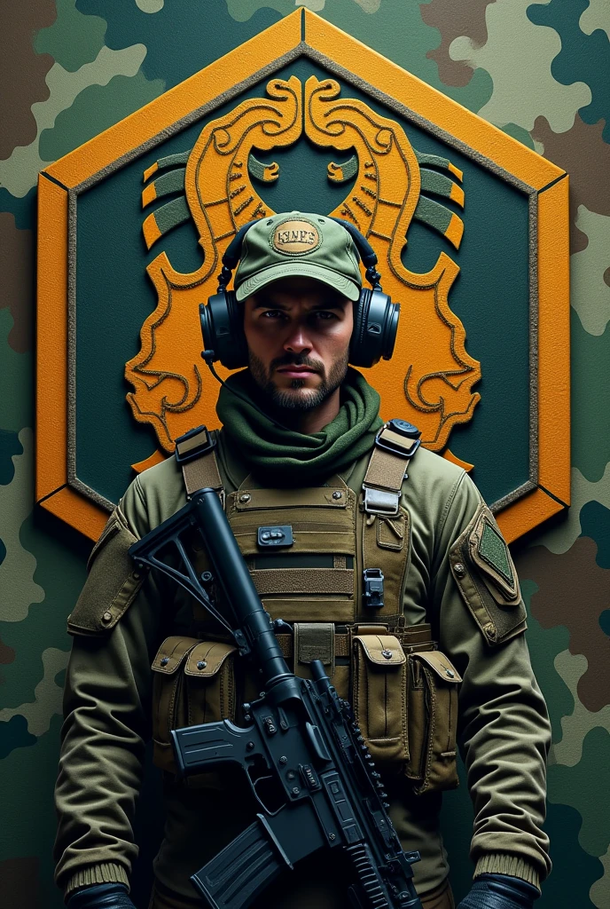 hexagonal military coat of arms, Camouflage background, with name Lukinha airsoft, operator with cap and headphones