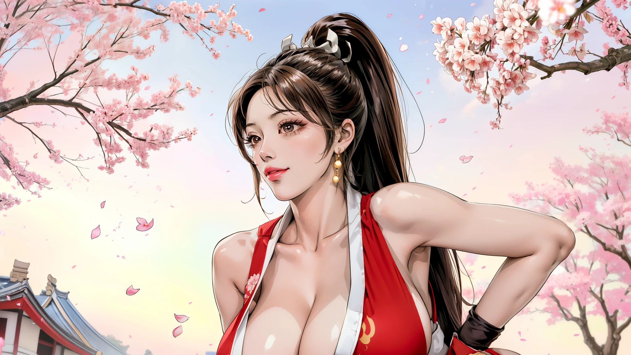 Japanese Beauty，Cherry Blossoms，Petals are just beginning to fall, In a park rich in nature、plant, (((Sexy姿势的杰作))), ((best quality)), ((complicated)), ((Surrealism)), Mature woman, Mature woman, , Very detailed, shape, mai Shiranui, ((Huge breasts)), Perfect hands, Finger details, beautiful eyes, ponytail，Brown eyes, (mai Shiranui suits:1.2),  earrings, Long detailed background, Perfect eyes, Charming eyes, Looking at the audience,  Rosy cheeks，Sexy，Cleavage，cute，Smile，beauty