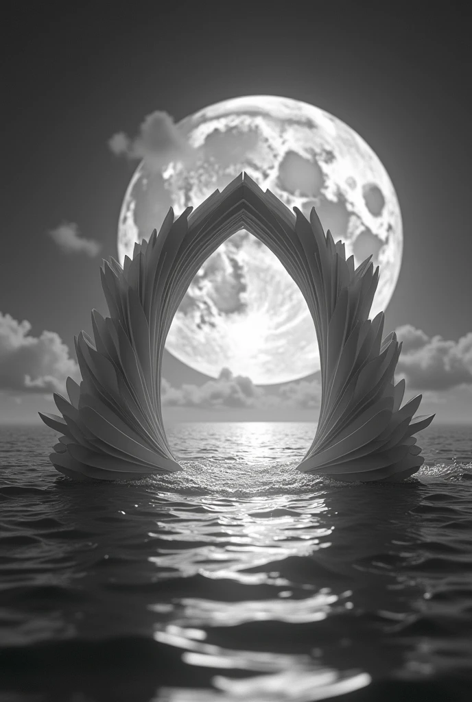 paper arch sailing across the sea with the moon in the background , drawn image in black and white