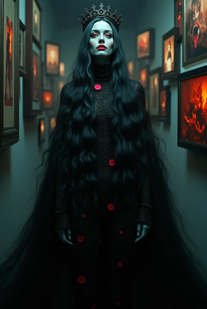 A tall woman, with gray skin and very long hair, curly and wavy in shades of dark gray. She is smiling and is wearing a big, long outfit with some random colored spots.. she&#39;s in a dark place, where your face is also semi-visible. She has a kind of crown on her head, a black colored crown. She appears to be floating as she gazes with glowing eyes at the camera.. Around her, some floating frames, painted in strange images, macabre and abstract. Remember she doesn&#39;t look human, as if it were a different species, without many basic features. The light doesn&#39;t interact very well with your face and your smile looks exaggerated. She has no breasts.