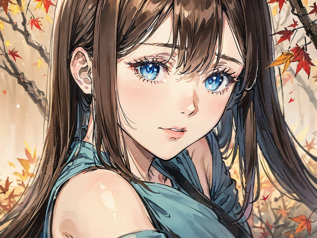 1girl, mature, brown shoulder-length hair, blue eyes, autumn wear, portrait