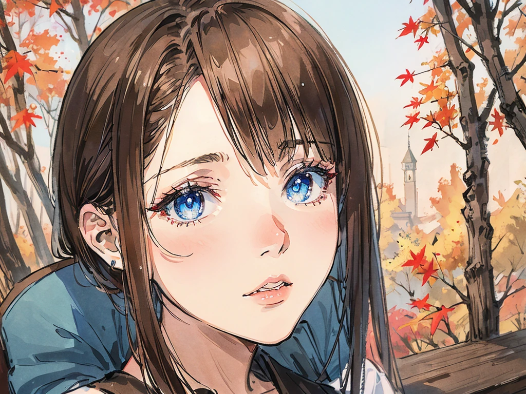 1girl, mature, brown shoulder-length hair, blue eyes, autumn wear, portrait