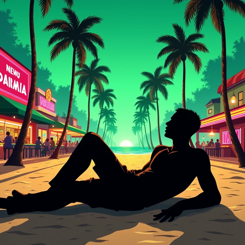 Black shadow of brazil cartoon style, the man is on the ground on a beach in Vice City GTA, Green sky