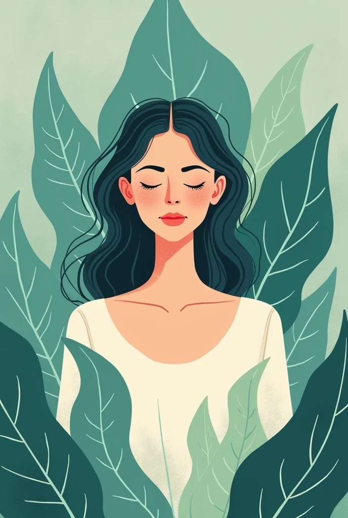 illustration portrait, femme sophorologue, dessin très simple, non detaillé, applat de couleur, ton bleu vert, nature