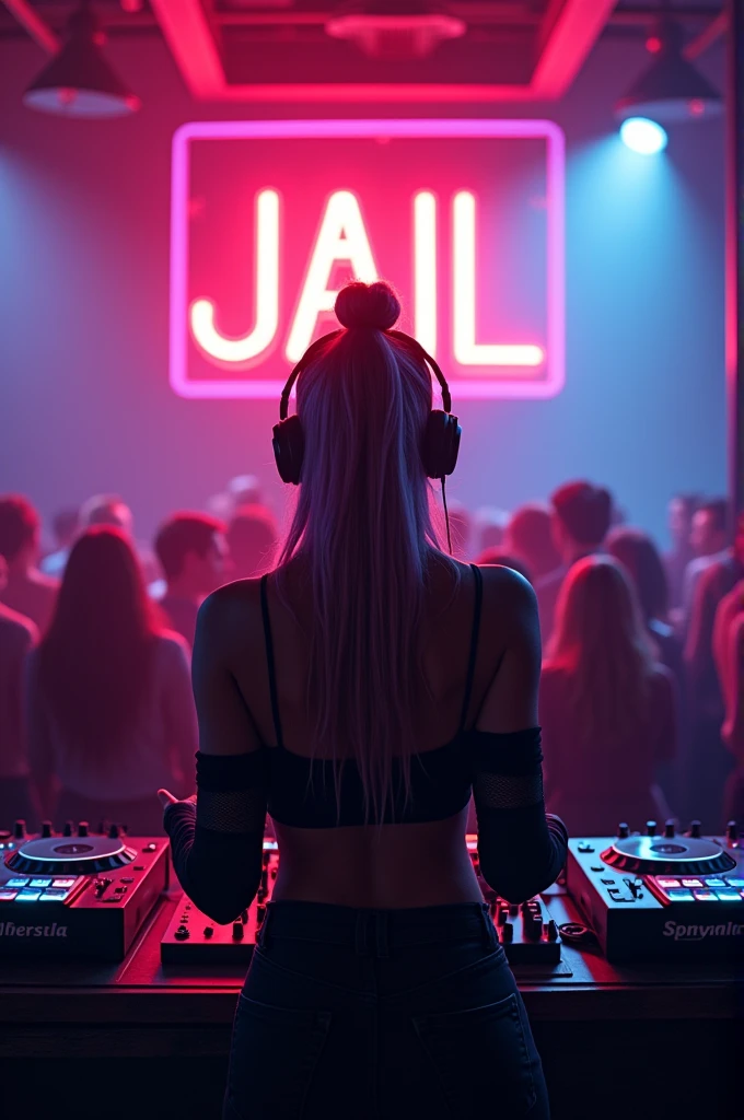 A neon sign that says JAIL。In the background is a cool woman DJing at a club.。3d