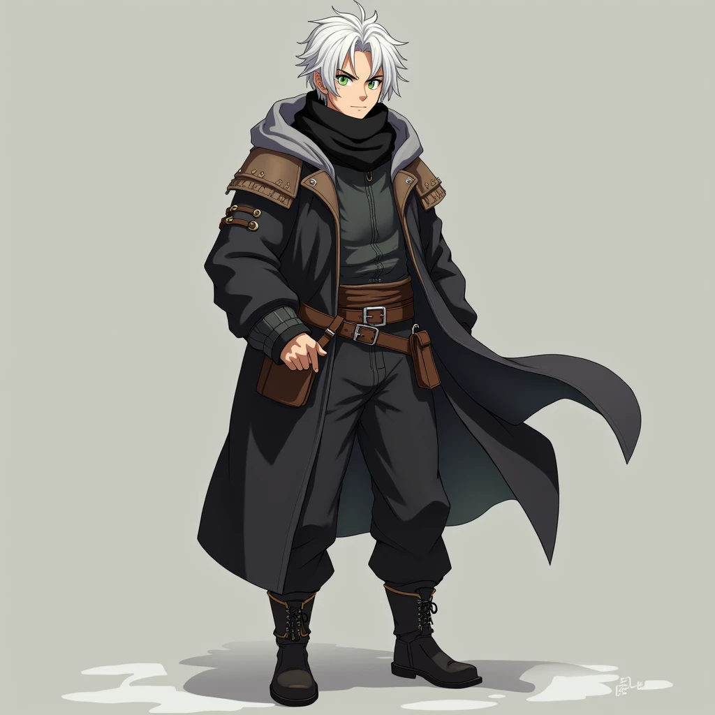 full body photo, serious face, Athletic, 31 year old Halfling, green colored eyes, White hair, black scarf, black coat with gray with brown hood , medieval clothing, black sweatpants, Black boots, handbag, Anime Village saga, 4K, epic, Village saga.