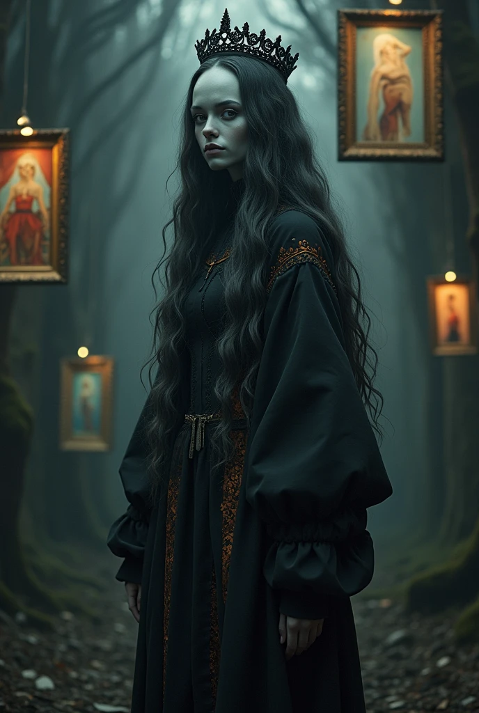 A tall woman, with gray skin and very long hair, curly and wavy in shades of dark gray. She is smiling and is wearing a big, long outfit with some random colored spots.. she's in a dark place, where your face is also semi-visible. She has a kind of crown on her head, a black colored crown. She appears to be floating as she gazes with glowing eyes at the camera.. Around her, some floating frames, painted in strange images, macabre and abstract. Remember she doesn't look human, as if it were a different species, without many basic features. The light doesn't interact very well with your face and your smile looks exaggerated. She has no breasts.