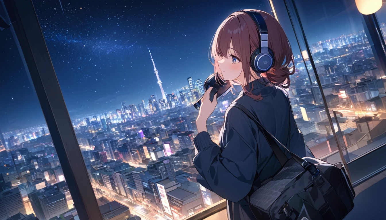 A woman looking at the city of Tokyo,Night starry sky,Streetscape、listen to music、Japanese