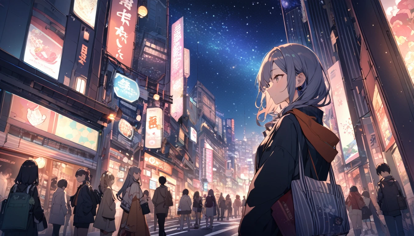 A woman looking at the city of Tokyo,Night starry sky,Streetscape、listen to music、Japanese