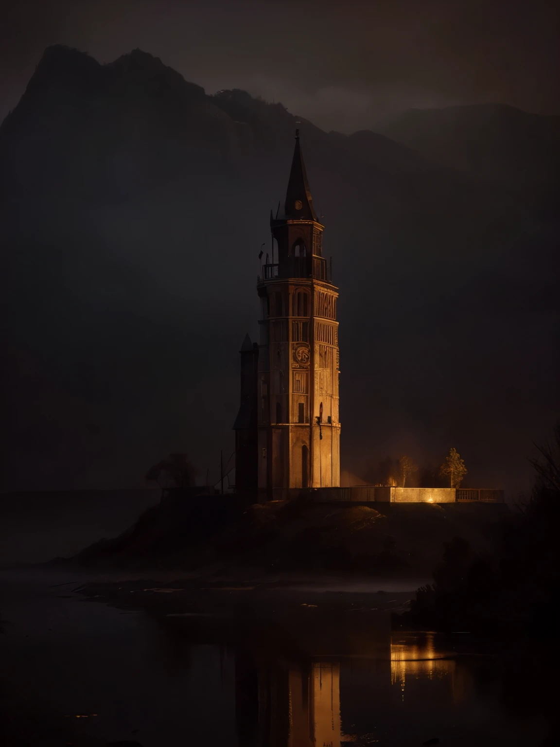 Ultra high quality, very detailed, A mysterious, fog-shrouded landscape illuminated by a blood moon, smokey clouds, looming darkness, heavy fog, eerie feeling, very dark, deep black, deep dark shadow, dark ruined tower in distance, dim moonlight, reflections in water, spectres, shapeless evil, transylvania, wood and neon signpost in foreground with text “5 Star Hotel!”