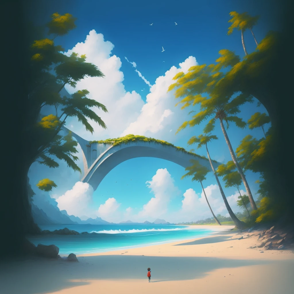 There is a man walking on the beach under the bridge, puddle in the sand, conceptual art | rhads, inspirado no RHADS, animated scenery 컨셉 아트, Tran Ross. scenic background, conceptual art de pintura digital, Papel de parede de conceptual art 4K, 4k HD wallpaper pictures, Makoto Shinkai Cyrillo Rolando, animated scenery, concept art illustration, Cyril Rolando and Goro Fujita