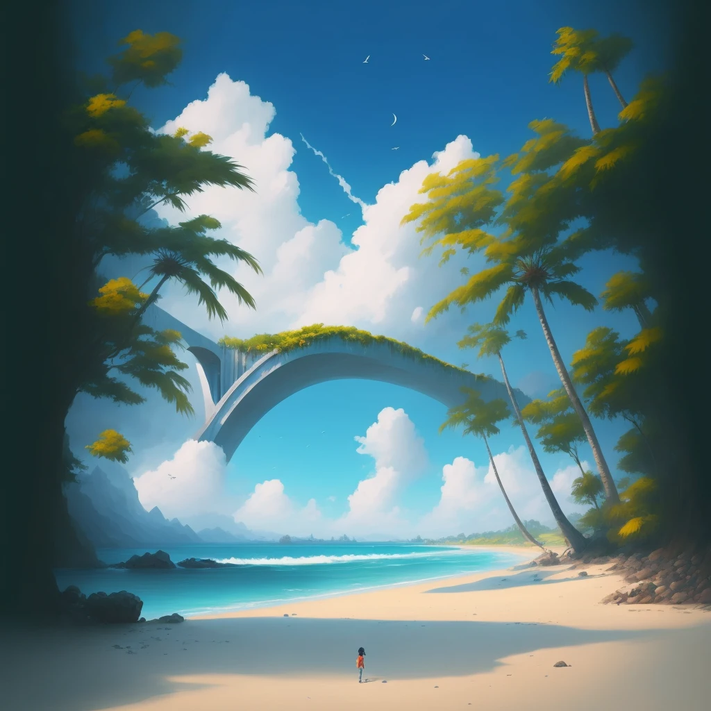 There is a man walking on the beach under the bridge, puddle in the sand, conceptual art | rhads, inspirado no RHADS, animated scenery 컨셉 아트, Tran Ross. scenic background, conceptual art de pintura digital, Papel de parede de conceptual art 4K, 4k HD wallpaper pictures, Makoto Shinkai Cyrillo Rolando, animated scenery, concept art illustration, Cyril Rolando and Goro Fujita
