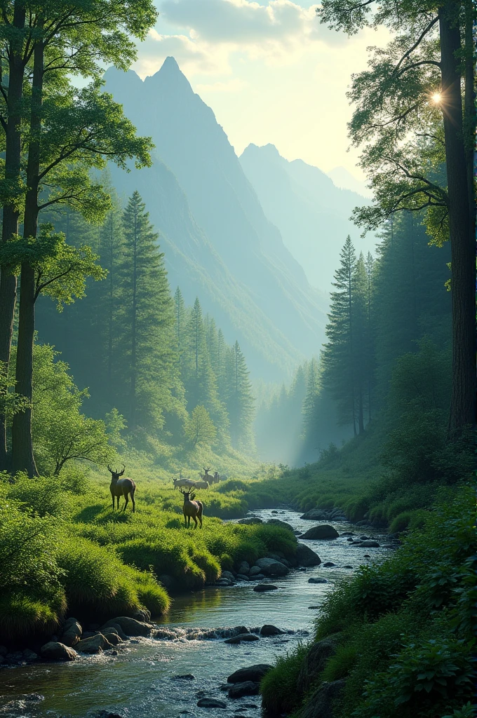 Medium shot showing a lush green valley and dense forests, with crystal clear rivers and majestic mountains. The morning sun shines through the fog, illuminating the lush green vegetation. The trees are tall and abundant, its leaves rustling softly in the wind. Deer can be seen drinking water from a stream at the edge of the forest. The atmosphere is peaceful and vibrant, depicting a thriving natural environment. The scene is detailed and atmospheric, with emphasis on the interaction of light and shadow, creating a feeling of depth and tranquility.
