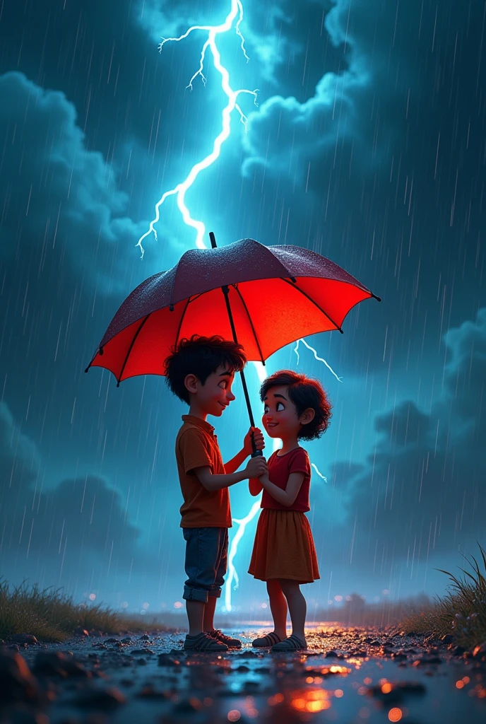 A boy named Miguel helping a friend during a storm. The sky is dark with lightning and heavy rain. Miguel is a nice and kind boy, and the friend is taking shelter under an umbrella. The scene should convey the idea of help and friendship in a stormy environment; the illustration should be realistic, but does not need to be realistic.