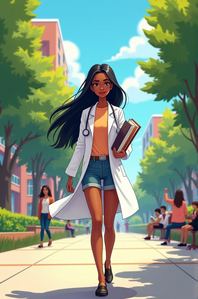 Believe me, an animated girl dressed as a doctor walking to the right , both with these characteristics: straight black hair, cinnamon skin Background in a university