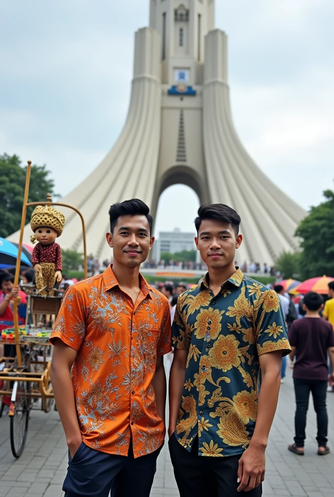 2 handsome men in front of the Jakarta Monas monument with traditional rickshaw, ondel ondel, and other Jakarta's caleidoscope of unique displays