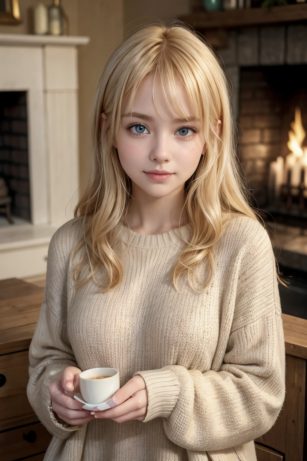 A young woman with blonde hair is captured in a close-up shot, her gaze directed towards the camera. She has rosy cheeks and is wearing a cozy beige sweater. Her eyes are adorned with subtle makeup, and she's smiling gently. The background is softly blurred but suggests a warm, golden ambiance, possibly from a fireplace or candles, as indicated by the small, yellow light specks floating around her.