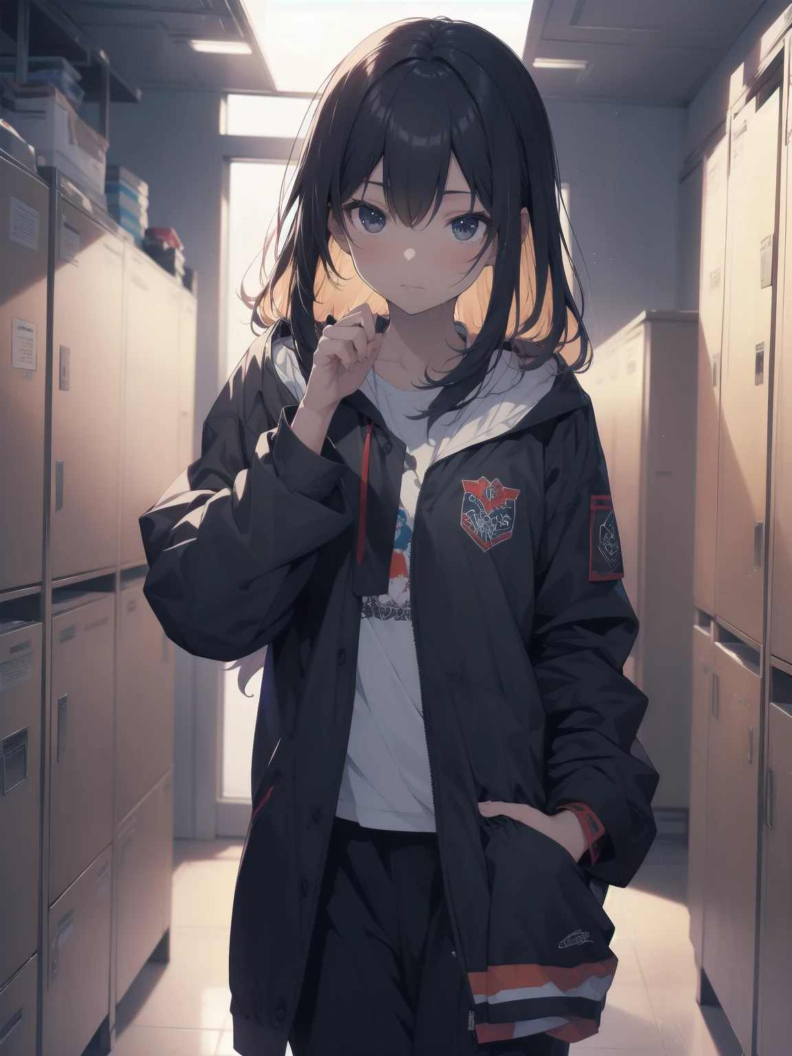 ultra-absurdres-Top quality by artist God, ultra-detailed, high resolution, anime moe artstyle, best anime 8k konachan wallpaper, pixiv contest winner, perfect anatomy,break, 1girl, (Please draw a girl dressing in locker room. )break,(Solo,little female, loli_face, 15-year-old:1.3),Full limbs, complete fingers, school student, breasts, beautiful (well-shaped) breasts, navel, groin, butt, small black eyes, beautiful detailed eyes, well-proportioned iris and pupils, highres detailed hair, sweat, expressionless, (dressing, lifting own clothes, bra, underwear), (Detailed Lighting), (Detailed background), in the locker room. break,super detailed skin, shiny skin, Best sexual lighting powered by famous artist, 8k,beauty illustration,photoshop_(medium),very aesthetic,break,((artist:rappa_(rappaya) )), artist:clamp ,artist:carnelian ,artist:kantoku ,