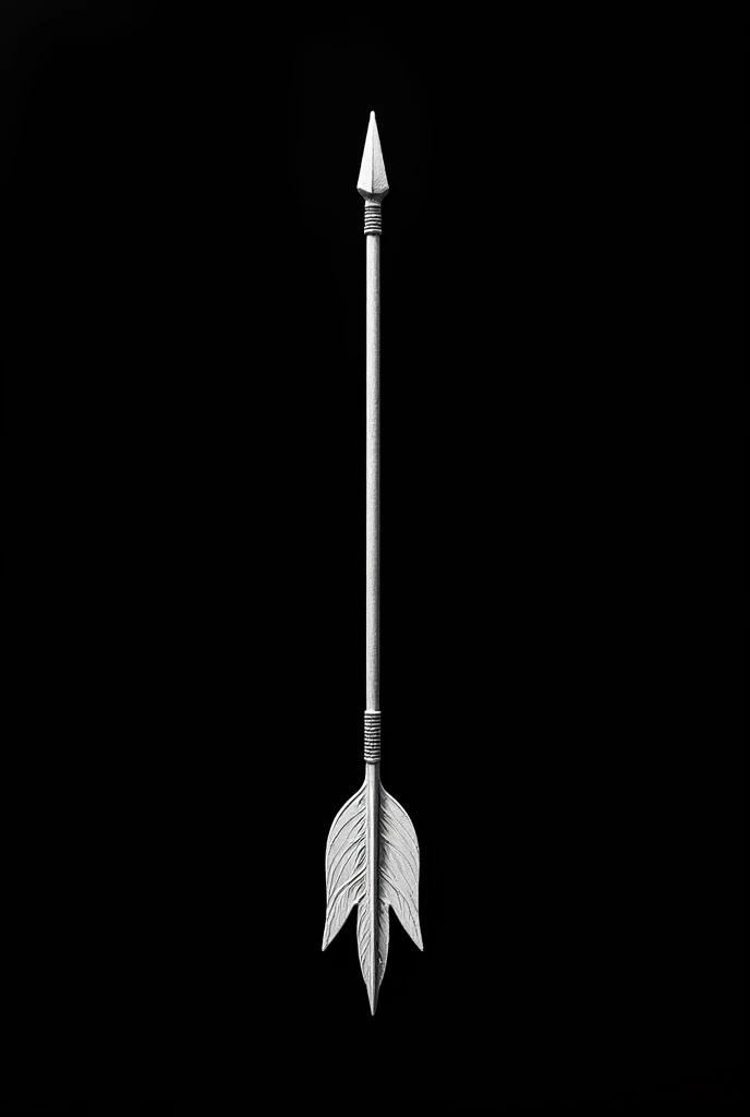 I want a simple image of a long, carved arrow with crescent feather tips crossing the screen from top to bottom vertically.. The white arrow as if drawn by graphite. Completely black background