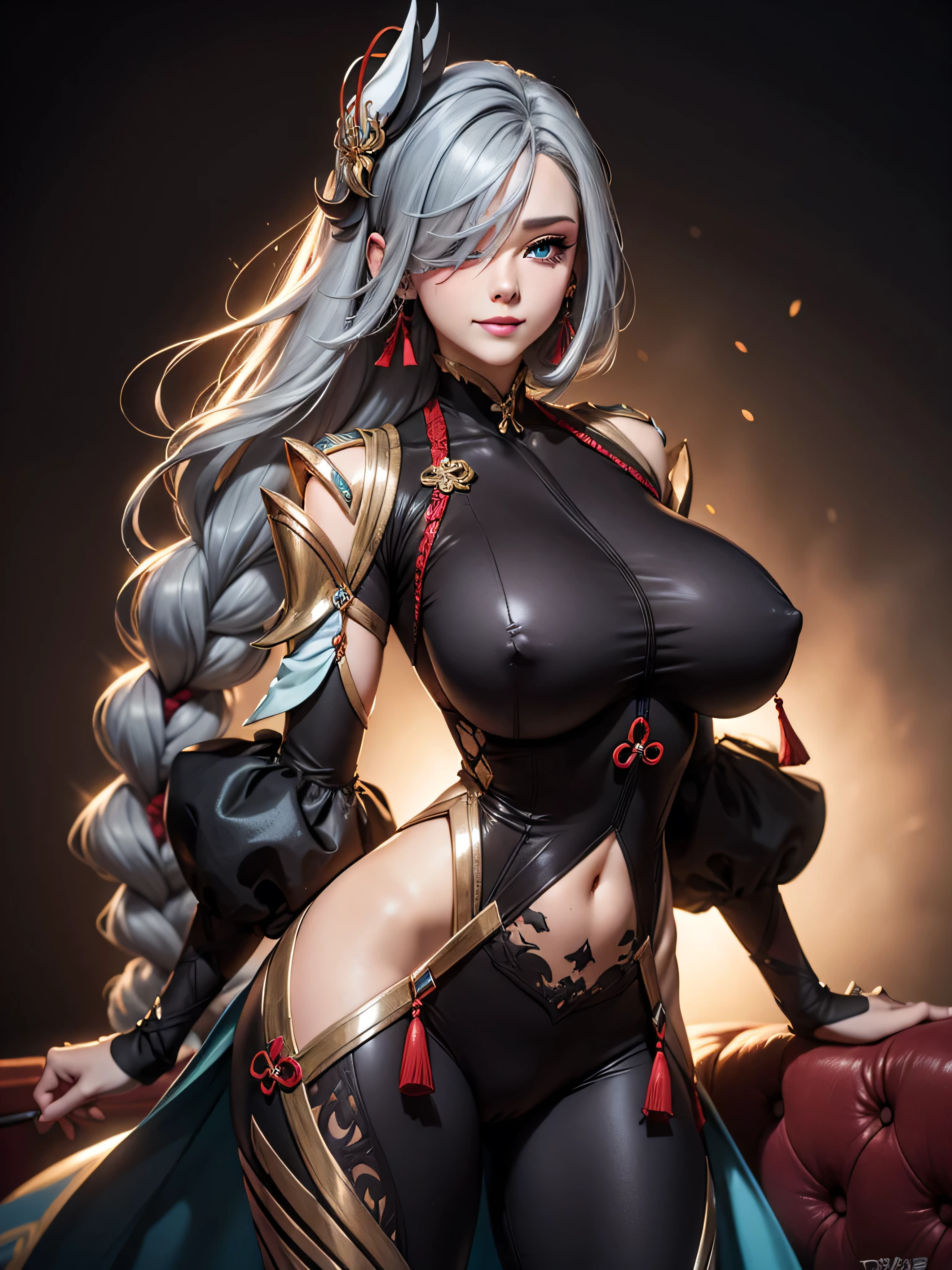 earrings, braided ponytail, puffy sleeves, gold trim, gloves, bodysuit, breast curtain, shoulder cutout, covered navel, hip vent, clothing cutout, tassel, (luxury livingroom background), ShenheV4, anime cels style, best quality, high resolution, 1girl, (huge breasts:1.2), beautiful face, grey hair, long hair, hair ornament, hair over one eye, blue eyes, cowboy shot, smiling