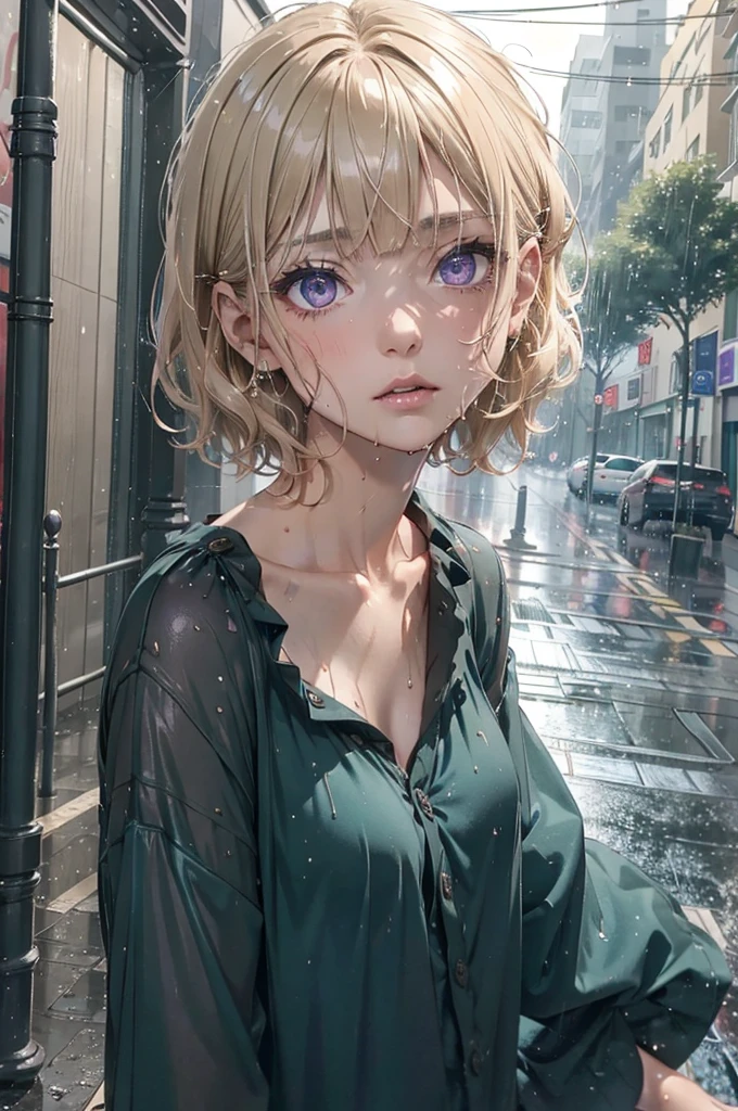 ((gorgeous purple eyes)), Very short hair, Highly detailed, extreme detail, amazing art), Raning, heavy rain, dark, midnight, 1girl, soaking wet drenched, wearing nothing but a pyjama shirt, shirt caramel-blonde hair, depressed, soaking wet hair, hair sticking to her face, heavy rain, thunderstorm, teal pyjama top, naked, petit chest, very short hair, buttoned up pyjama top, bare legs, no underwear, very dark night time, black sky, only source of light is a single amber street light, no light, dark background,