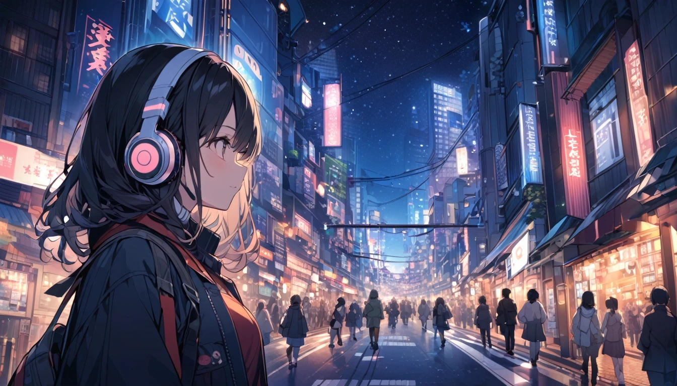 Woman wearing headphones looking at the city of Tokyo,Night starry sky,Streetscape、listen to music、Japanese