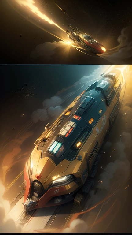 Fantasy，8k,Extremely detailed, masterpiece,High resolution,Highest quality,Increase the resolution,Cinema Lighting,Different space，4 dimensional world，Galaxy Express 999，cyber-，Steam locomotive type，A spaceship pulling multiple passenger cars，Maneuvering with Ether，30-car train、Run through the space zone，Numerous stars，Many Galaxies，Milky Way，Cruising at the speed of light，Seeing the Earth in the distance，Lightning-fast super express，Going to Andromeda，Wide angle of view，Vision，Floating in the air，In the dazzling light，Extremely colorful，The whole carriage is visible，Rail of light，999
