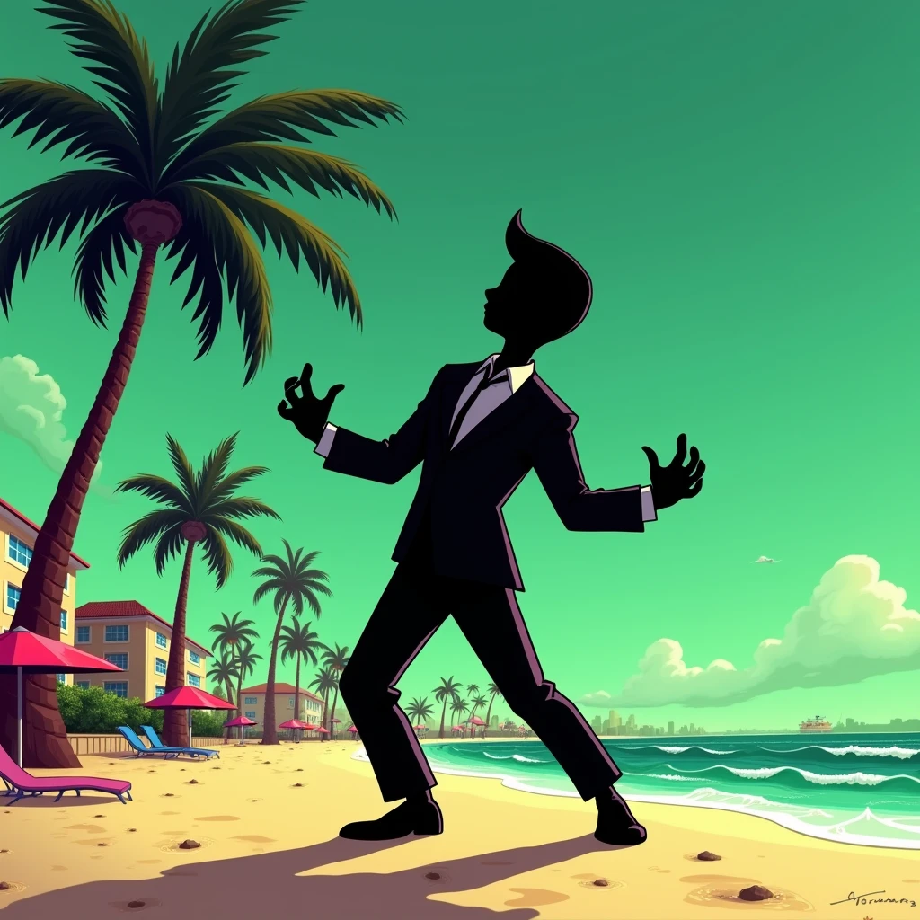 Black shadow of a man in a suit dancing cartoon style, the man is on the ground on a beach in Vice City GTA, Green sky