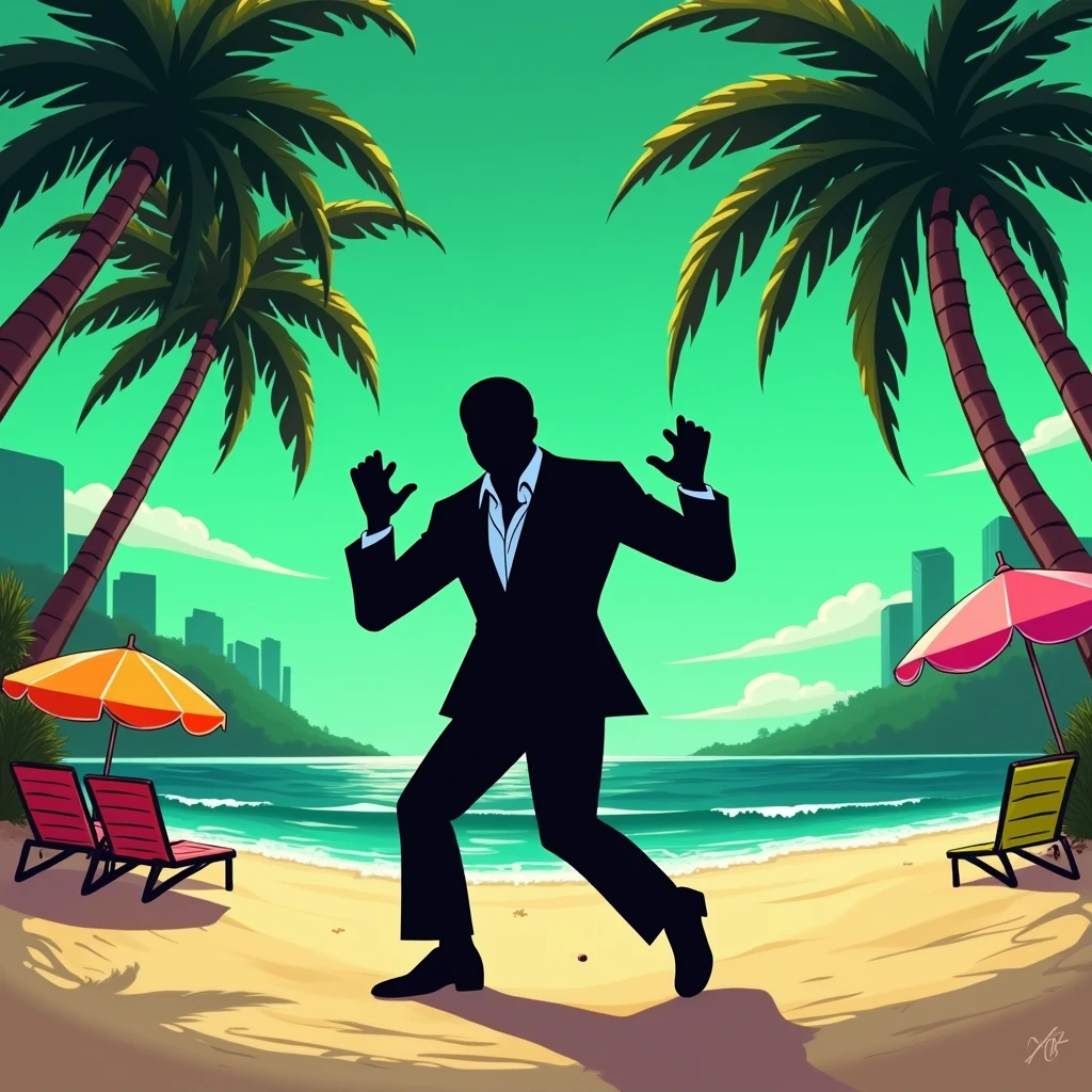 Black shadow of a man in a suit dancing cartoon style, the man is on the ground on a beach in Vice City GTA, Green sky