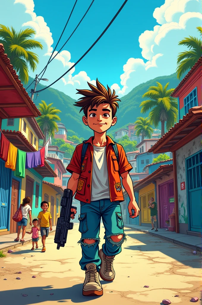 A cartoon young man with a gun in his hand walking in a favela