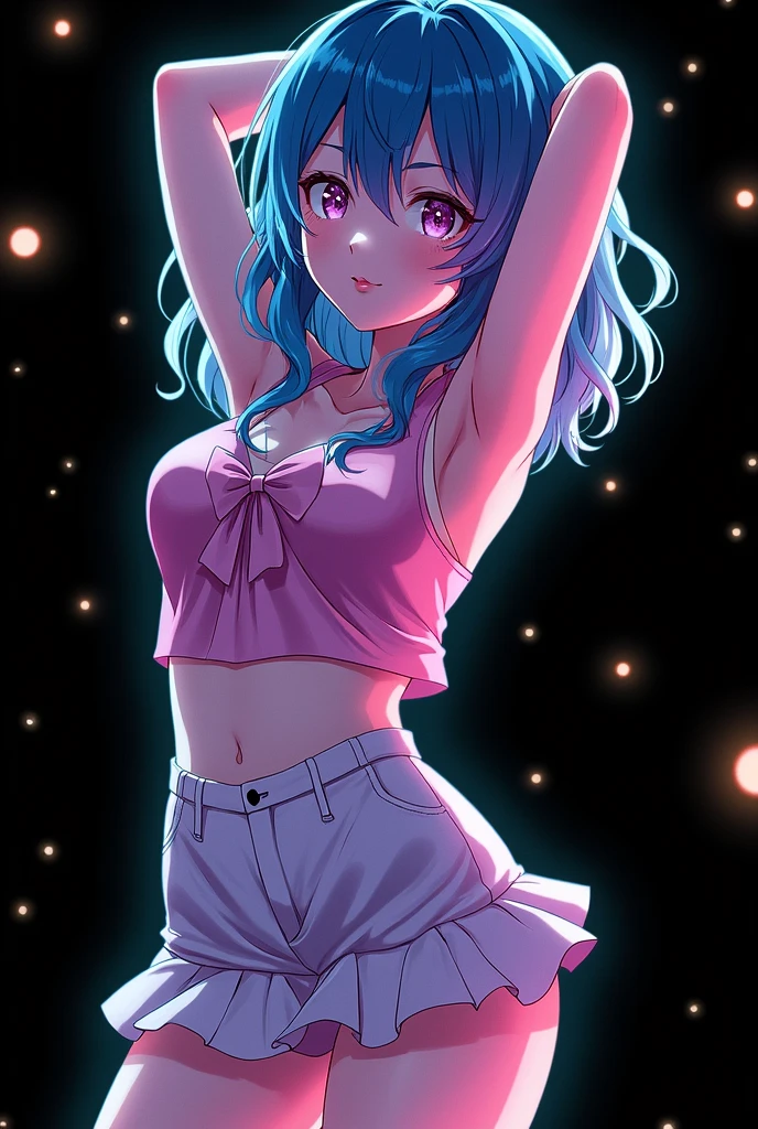 精致的面容, panties pink, JK skirt, 1 girl, colored hair, purples eyes, glare eyes, parted lips, blush, big bed in the room, flowers, floor, floorlight