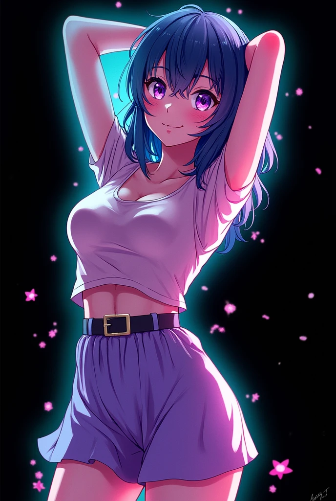 精致的面容, panties pink, JK skirt, 1 girl, colored hair, purples eyes, glare eyes, parted lips, blush, big bed in the room, flowers, floor, floorlight