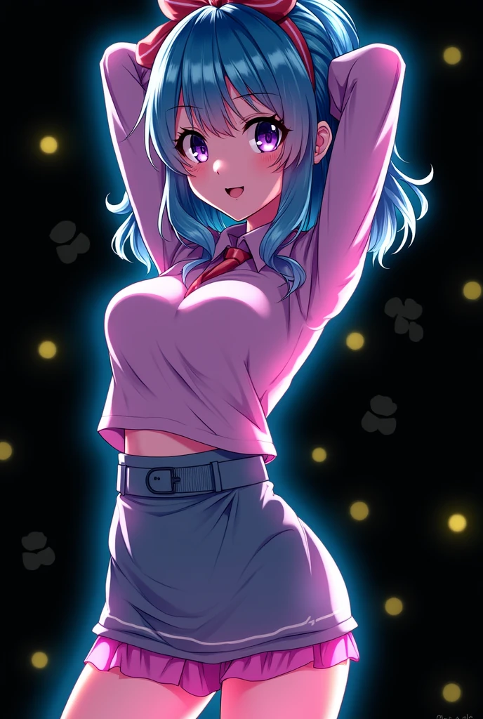 精致的面容, panties pink, JK skirt, 1 girl, colored hair, purples eyes, glare eyes, parted lips, blush, big bed in the room, flowers, floor, floorlight