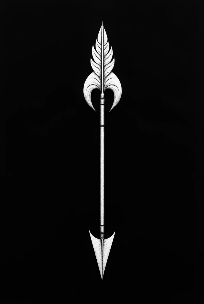 I want a simple image of a long, carved arrow with crescent feather tips crossing the screen from top to bottom vertically.. The white arrow as if drawn by graphite. Completely black background