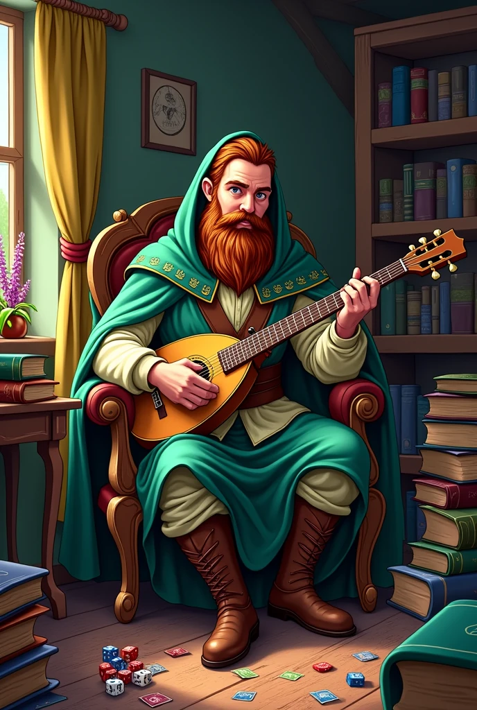 concept: A medieval bard with his lute or harp, sitting in a cozy and mysterious corner. I could be surrounded by books, D cards and dice&D, reflecting the mix between narrative and gameplay.
colors: Warm tones such as browns and golds, that evoke a rustic and medieval atmosphere, with touches of emerald green or deep blue for a touch of magic.
style:comic, funny, Cartoon, with a focus on details that convey the bard&#39;s personality and the atmosphere of the channel.