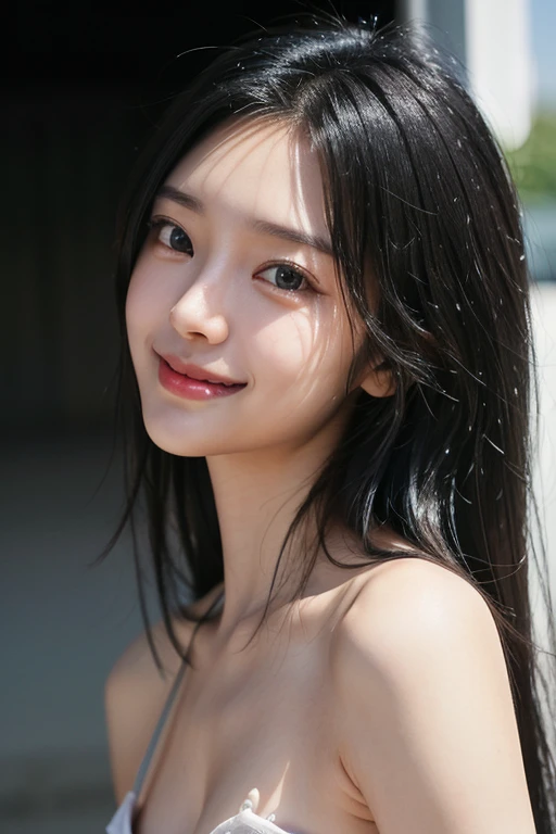 (A 20-year-old Japanese slender beautiful girl), (Small breasts:1.5,)solo, (masterpiece, High resolution, High detail, Highest quality, Very detailed, Ultra high definition, Textured skin,Reality), ((Ray Tracing,Portrait Photography)), Cinematic light effects,Light from an angle, ((realism)), ((Surrealism)),8k octane, ((Natural Makeup)),Aperture value F1.8, (((Black Hair, Shiny Hair, Side Up,smile,Composition from the front))),((Super Close-up, Simple Background, Off-screen, ))