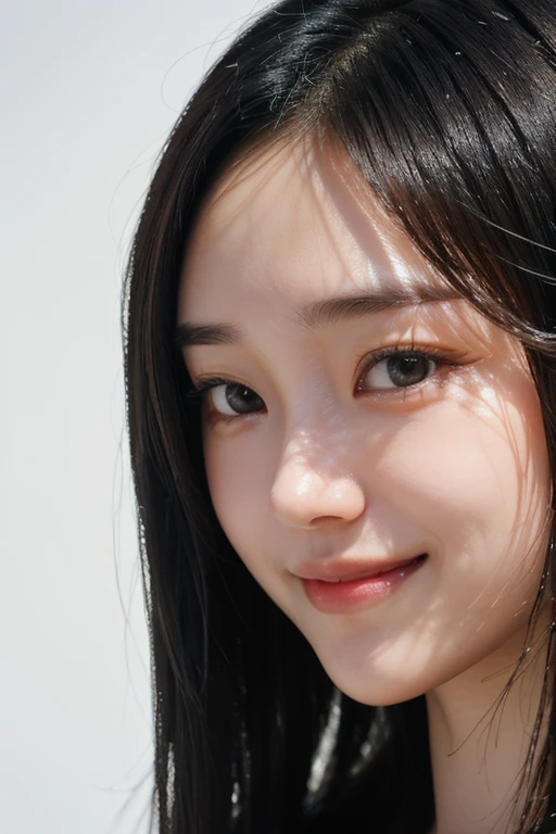 (A 20-year-old Japanese slender beautiful girl), (Small breasts:1.5,)solo, (masterpiece, High resolution, High detail, Highest quality, Very detailed, Ultra high definition, Textured skin,Reality), ((Ray Tracing,Portrait Photography)), Cinematic light effects,Light from an angle, ((realism)), ((Surrealism)),8k octane, ((Natural Makeup)),Aperture value F1.8, (((Black Hair, Shiny Hair, Side Up,smile,Composition from the front))),((Super Close-up, Simple Background, Off-screen, ))