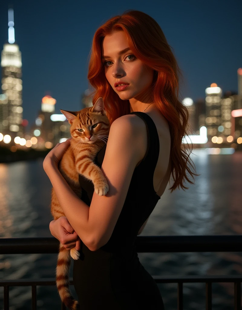 Красивая реалистичная The night of the redhead Model Pose. Arafed Instagram supermodel, redhead model girl with juicy figure and big breasts, pale skin, perfect face, looking hot, victoria secret body,, with my cat, 26 years, woman in stylish black dress, enjoying the night, standing in front of an American city, with a cult landmark, prominently featured in the background, ((with the model, showing a full-length view)), almond eyes, oval face shape, prominent cheekbones, with natural wavy hair ,Height 170 cm., a high resolution, masterpiece, Best quality, complex parts, very detailed, Sharpness, detailed skin texture, perfect eye detail, Profession, 4k resolution, charming smile, Cannon shot, depth of field, Kodak Vision цветной, extremely detailed, ultrarealistic photography, realistic photo, Post-processing, Maximum detail, truth of life, Instagram template, Make sure, that the entire body of the model is displayed.