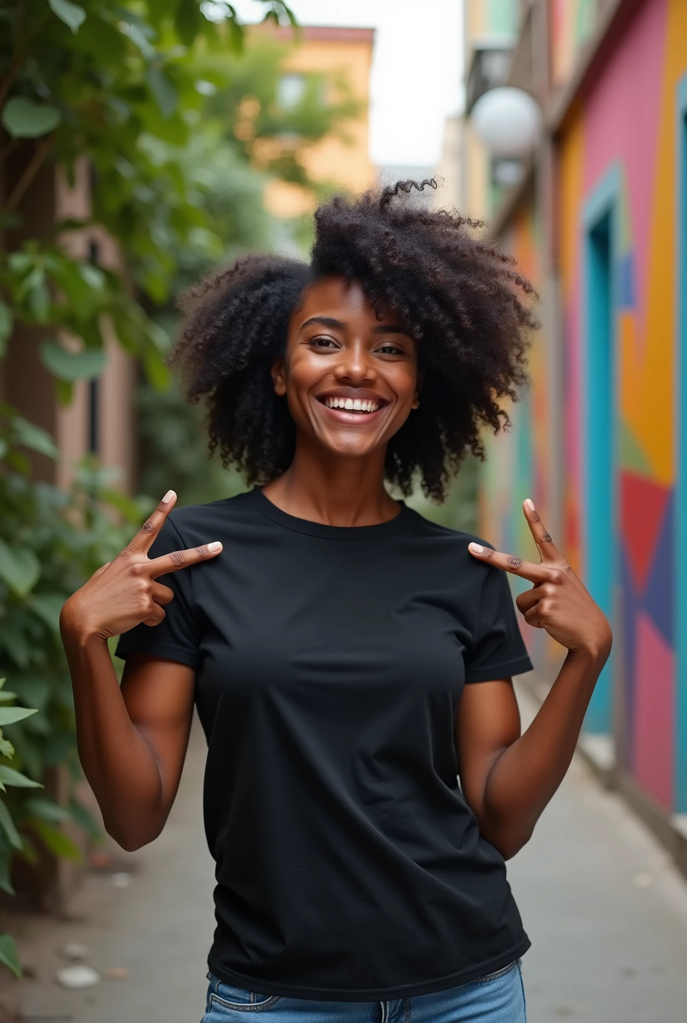 Beautiful african woman wearing casual black t shirt looking confident with smile on face, pointing oneself with fingers proud and happy