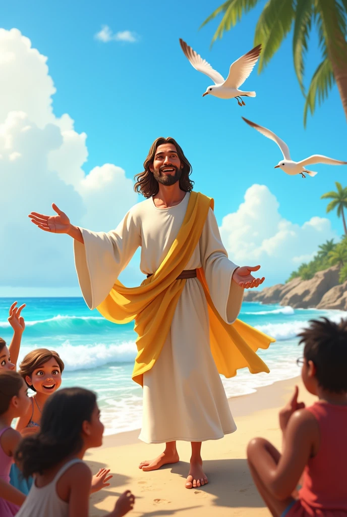 Jesus Christ Disney Pixar Style , on the beach preaching to the crowd