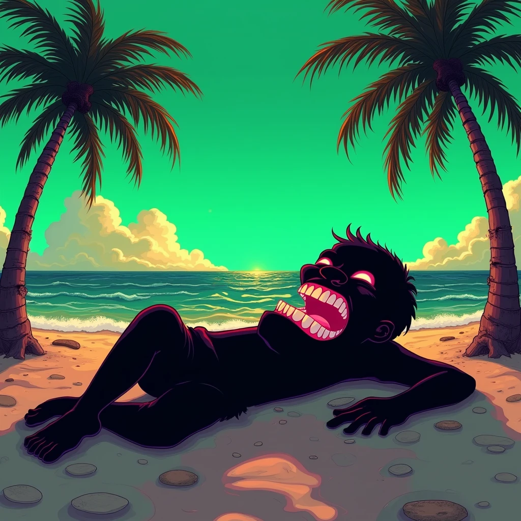 Black shadow of a man's face showing his teeth in cartoon style, the man is on the ground on a beach in Vice City GTA, Green sky