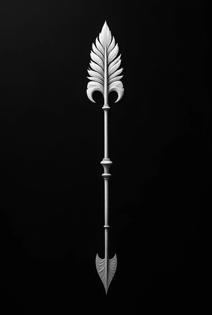 I want a simple image of a long, carved arrow with crescent feather tips crossing the screen from top to bottom vertically.. The white arrow as if drawn by graphite. Completely black background
