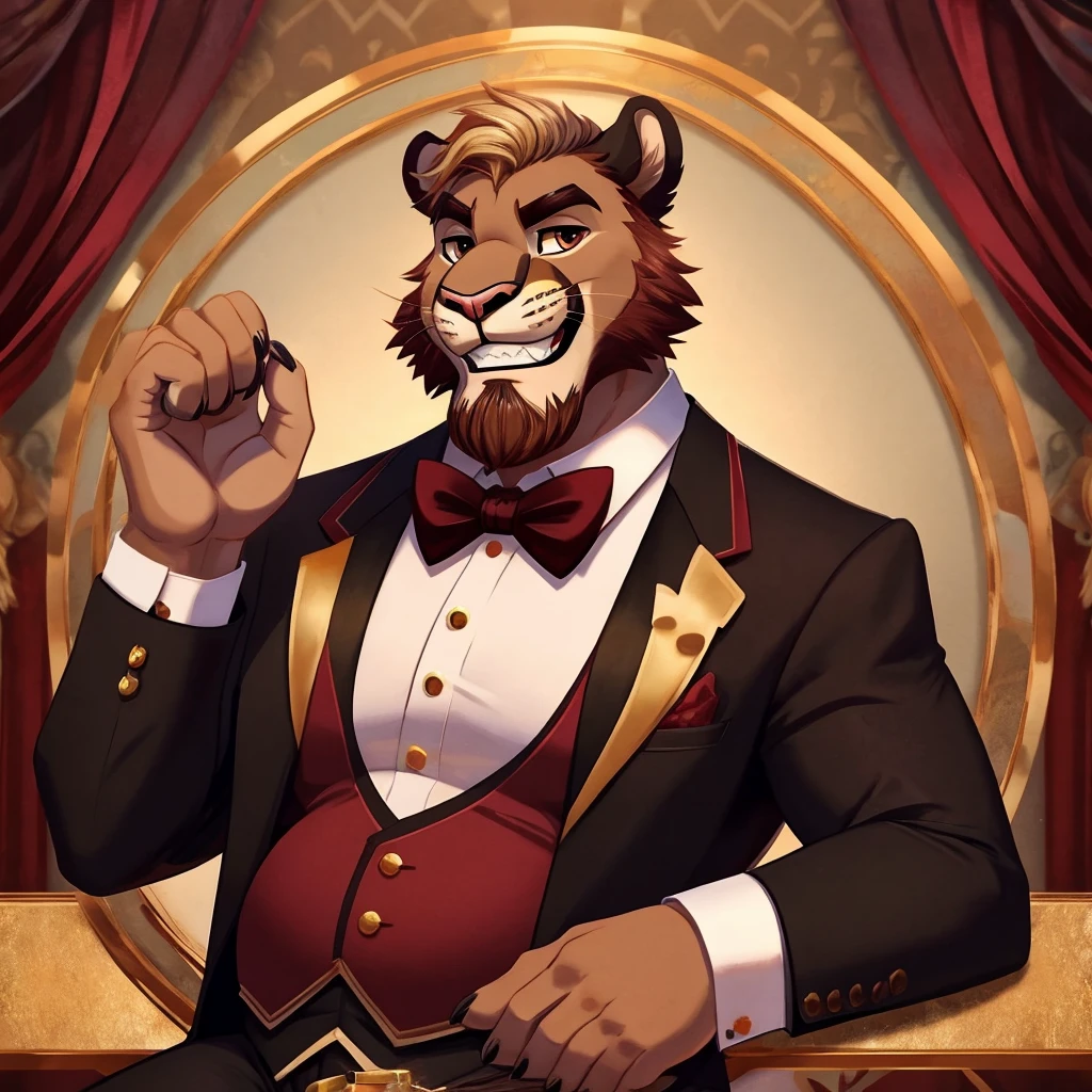 solo male semianthro mountain lion,red-blond mane with bleached blond tips,reddish blond beard,chubby soft body,daddy,dark brown tuxedo with maroon shirt and gold bowtie,medium stature,fancy dinner background,toothy grin