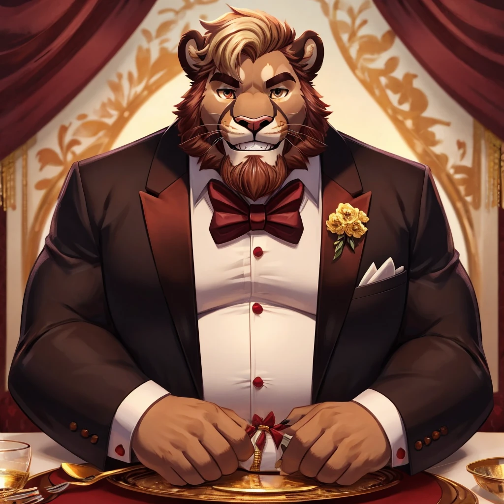 solo male semianthro mountain lion,red-blond mane with bleached blond tips,reddish blond beard,chubby soft body,daddy,dark brown tuxedo with maroon shirt and gold bowtie,medium stature,fancy dinner background,toothy grin